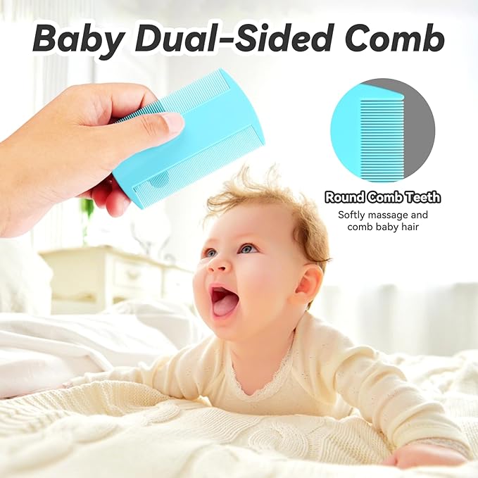 Baby Hair Brush and Comb Set, 2pcs Wooden Natural Goat Bristles Brush+ Blue Comb+ White Cradle Cap Brush Grooming Kit for Newborns Toddlers Boys Girls-CubbioJoy