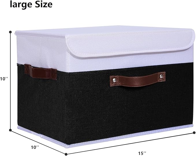 ANMINY 4PCS Storage Boxes with Lid Washable Decorative Storage Bins Basket with PU Leather Handle Foldable Linen Fabric Storage Cubes Containers for Home Closet Organizer - Black White, Large Size-CubbioJoy