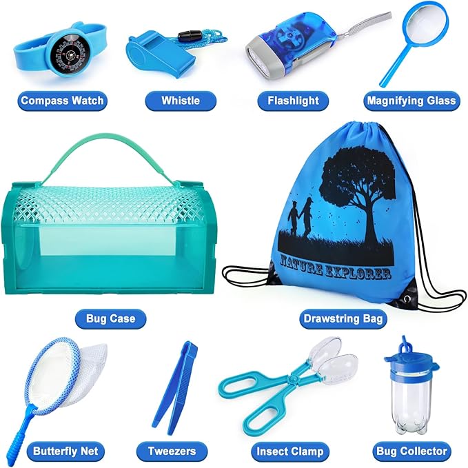 Bug Catcher Kit & Outdoor Explorer Kit for Kids, 10 Pcs Bug Catching Kit with Toy Cage, Backpack, Flashlight, Manifying Glass, Toy Net, Outdoor Exploration Toys Gift for Boys Girls 3-12-CubbioJoy
