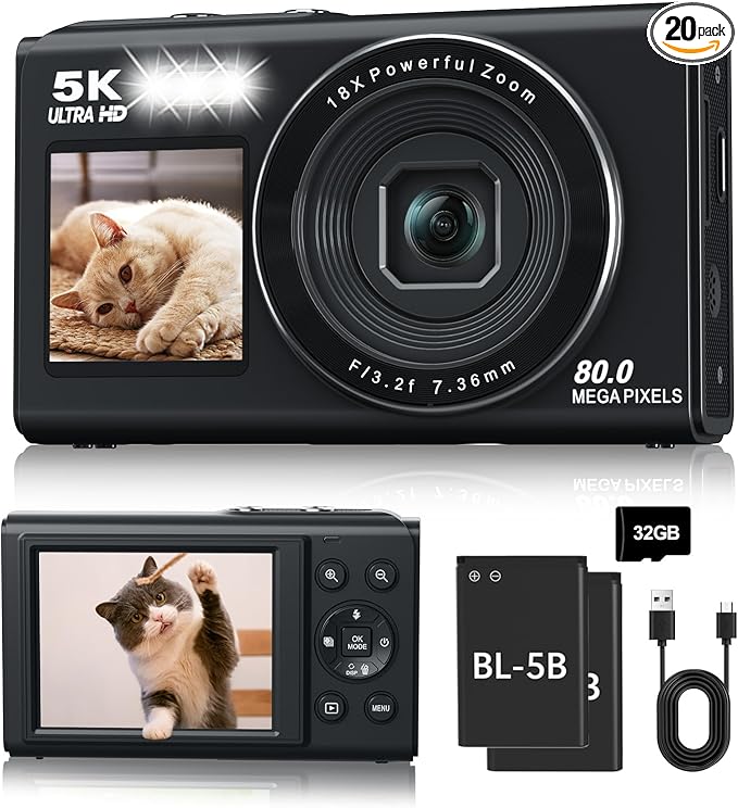 5K Digital Camera, Dual Screens Camera with 18X Digital Zoom, Compact Vlogging Camera for Teens, Beginner-Friendly Gift Pack, 32GB Card & 2 Batteries, Black-CubbioJoy