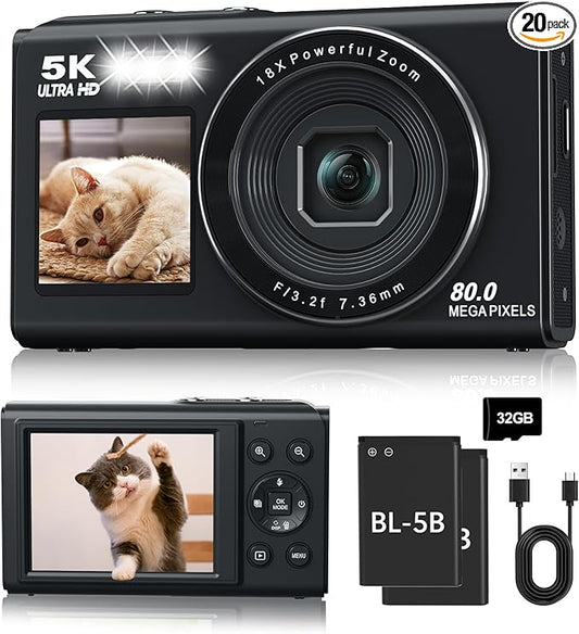 5K Digital Camera, Dual Screens Camera with 18X Digital Zoom, Compact Vlogging Camera for Teens, Beginner-Friendly Gift Pack, 32GB Card & 2 Batteries, Black-CubbioJoy