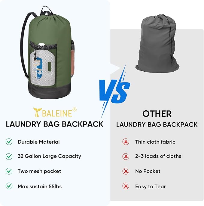 BALEINE 150L Laundry Bag Backpack, 900D Oxford Fabric Large Travel Laundry Bags with Shoulder Straps and 2 Mesh Pockets for College Dorm, Apartment, Laundromat (Green, 150L)-CubbioJoy
