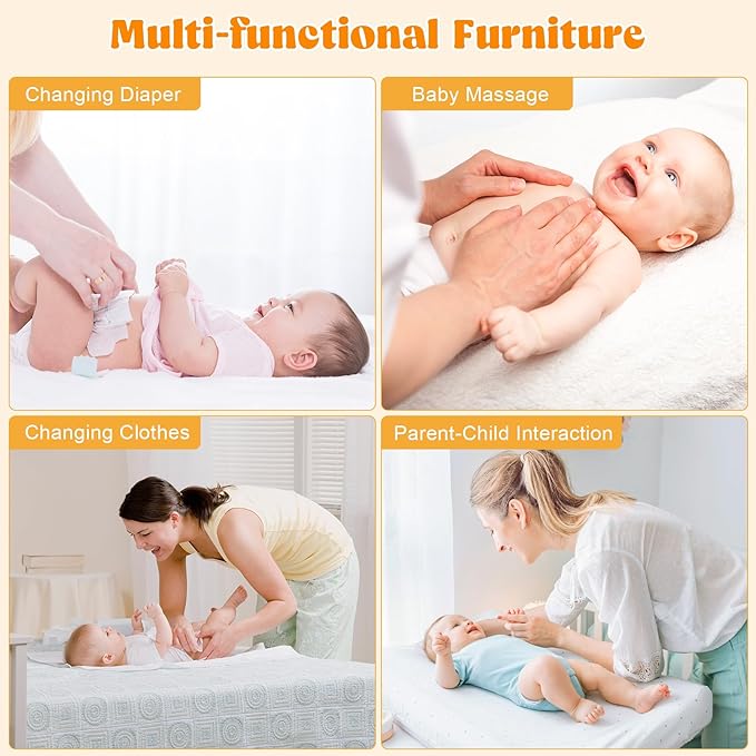 Baby Dresser with Changing Table Top, Baby Changing Table Dresser with 5 Drawers and Adjustable Shelves, Multi-Functional Diaper Changing Station, Nursery Organizer for Kids Bedroom, White-CubbioJoy