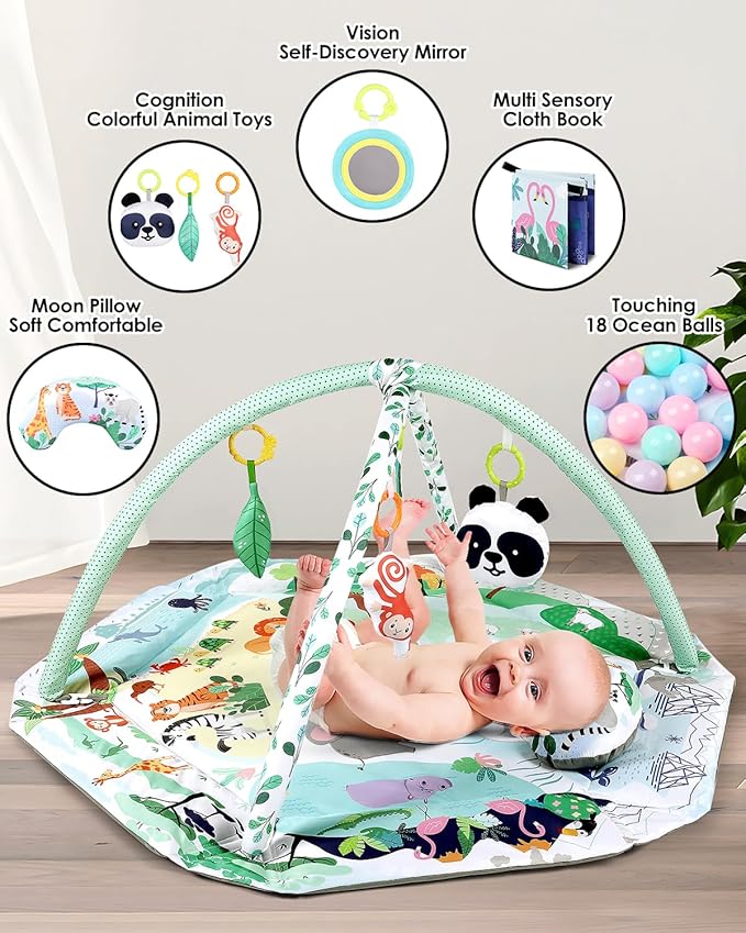 dearlomum 4-in-1 Tummy Time Mat,Baby Activity Play Mat,Newborn Play Baby Mats for Floor with 6 Infant Learning Sensory Baby Toys, Toddler Motor Skill Development,Babies Ball Pit with 18 Ocean Balls-CubbioJoy