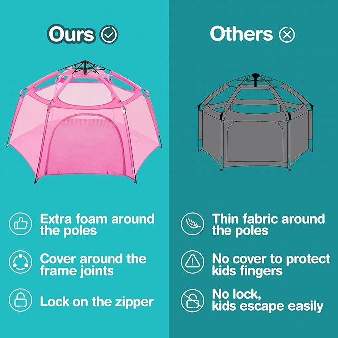 Alvantor Pop Up Playpen- 7'x7'x44”Baby Playpen Large Kids Play Tent Portable and Foldable Playpen Indoor/Outdoor Play Yard with Protective Mesh, UV SPF 50+ Sunshade, and Soft Foam Floor, Pink-CubbioJoy
