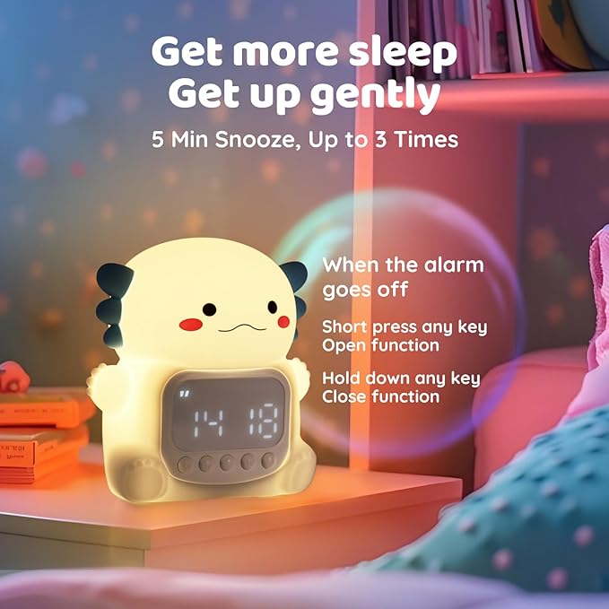 Axolotl Alarm Clock with Night Light for Kids, Rechargeable Silicone Lamp Time to Wake Clock Cute Animal Tabletop Lamp, Perfect Sleep Companion for Boys Girls, White-CubbioJoy