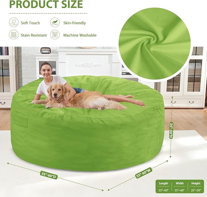 6FT Bean Bag Chair, Large Bean Bag Chairs with Memory Foam Filled, Fluffy Beanbag Sofa with Dutch Velvet Cover, Round BeanBag Chairs for Living Room, Playroom - Lime-CubbioJoy