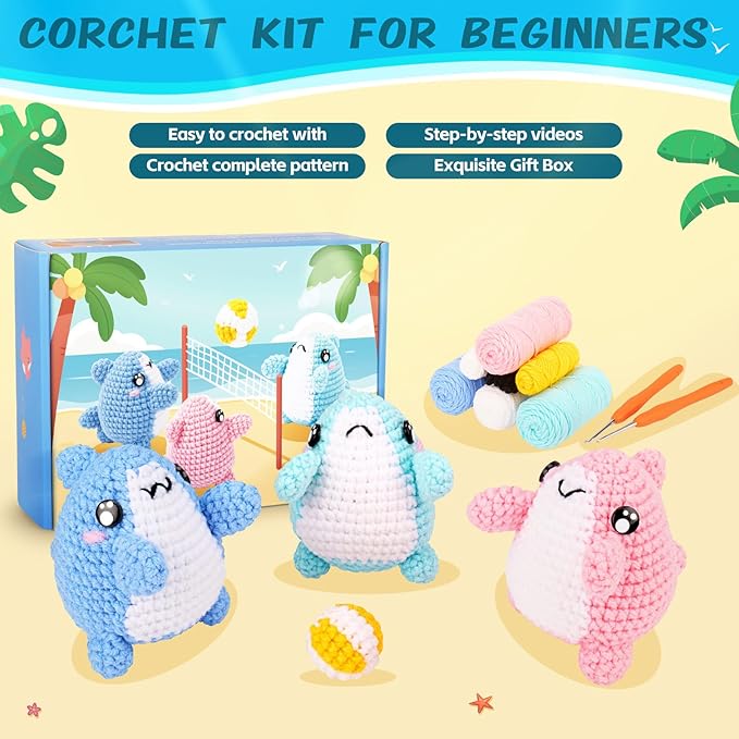 Crochet Kit for Beginners -3 PCS Sharks with a Ball Crochet Kit with Step-by-Step Video Tutorials, Beginner Crochet Kits for Adults Kids, Crochet Animal Kit, Shark Beach Party Crocheting Set-CubbioJoy