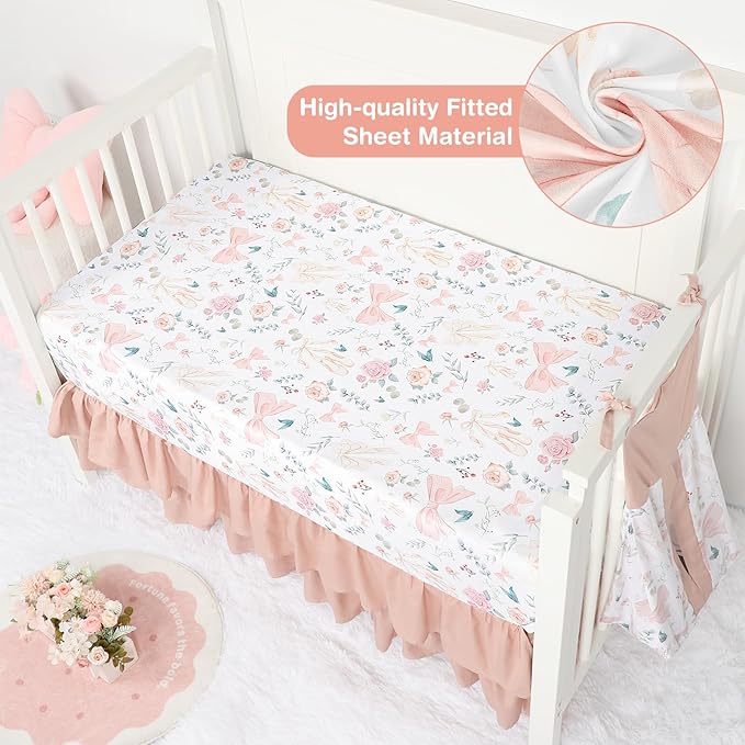 GFU Crib Bedding Set for Girls 4-Piece, Bow Baby Girl Crib Bedding Set Pink Flowes, Nursery Sets Includes Comforter, Fitted Crib Sheet, Crib Skirt, and Diaper Stacker-CubbioJoy