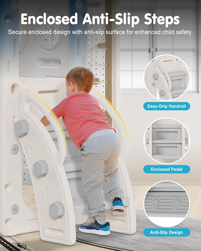 Babytronic Toddler Slide Set, 8 in 1 Kids Slide with Climber, Indoor Outdoor Slide for Toddlers Age 1-3, Toddler Playset with Basketball Hoop and Tunnel, Toddler Indoor Outdoor Playground (White&Gray)-CubbioJoy