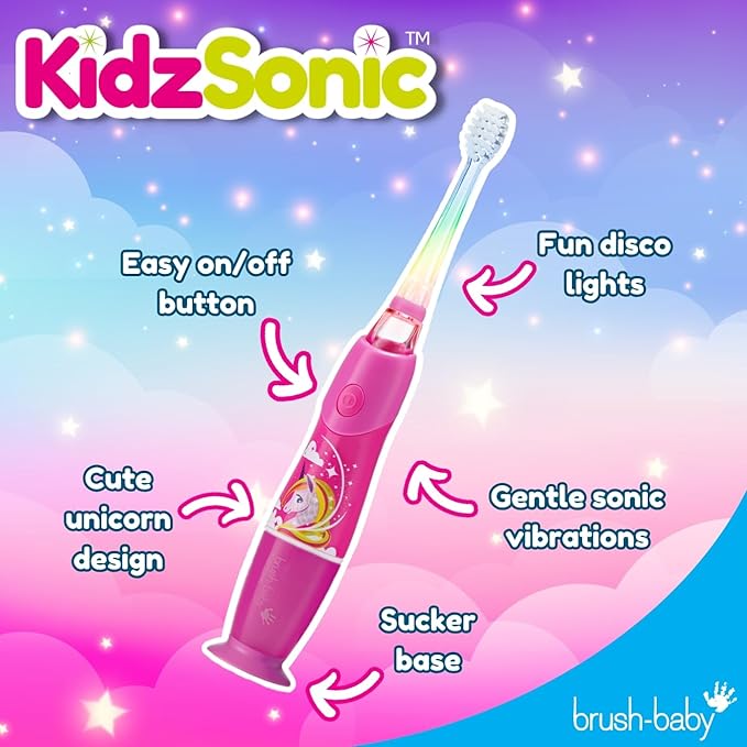 Brush-Baby - KidzSonic Unicorn Kids Electric Toothbrush, Ages 3+ Years - DeepClean Bristles, Suction Base - Fun Design with Flashing Lights - 2 x Replacement Heads & 1 x AAA Battery-CubbioJoy