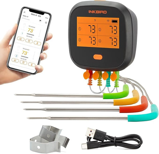 Inkbird WiFi Meat Thermometer for Grilling, Unlimited Rang Rechargeable BBQ Thermometer APP Calibration, Temp Graph Mobile Notification, 4 Colorful Probes Food Thermometer for Pellet Smoker Oven-CubbioJoy
