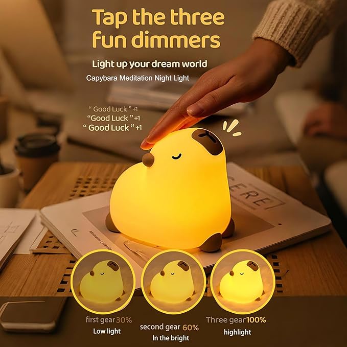Cute Capybara Night Light, LED Capybara Lamp Rechargeable Touch Bedside Lamp,Squishy Animal Nightlight,3 Levels Dimmable,30Min Timer Nursery Night Light for Kids, Bedroom Baby Boys Girls Gifts-CubbioJoy
