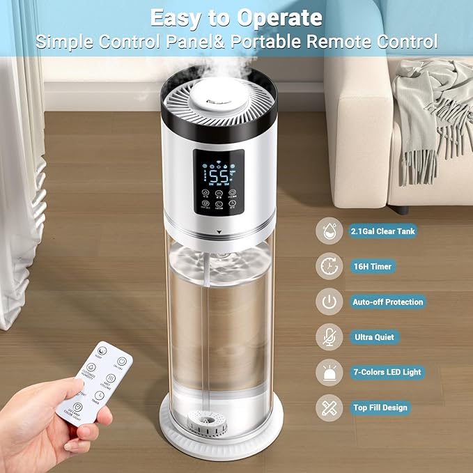 2.1 Gal Humidifiers for Bedroom Large Room, 4 Levels Cool Mist Humidifier with Clear Tank, 7 Color Lights Essential Oil Diffuser with 16H Timer, Top Fill Air Humidifier for Home Plants Office-CubbioJoy