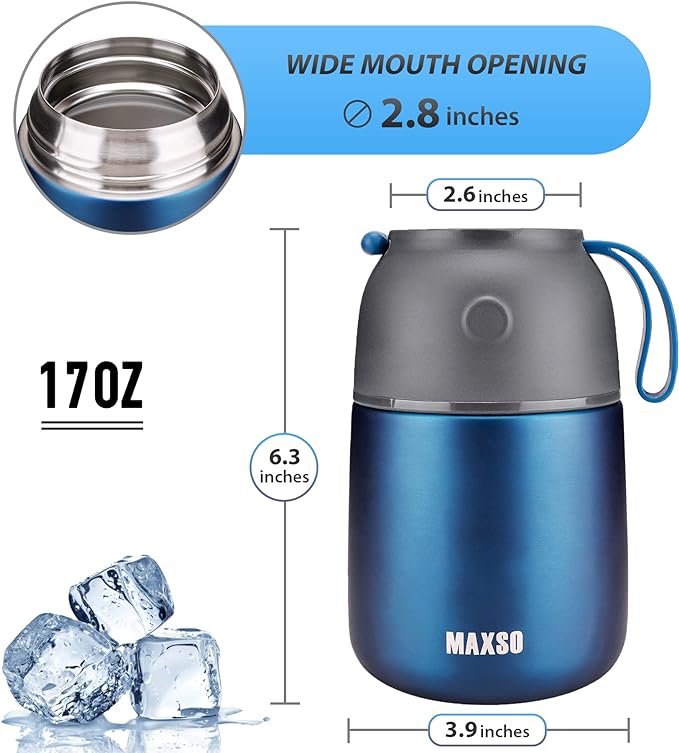 Insulated Thermo Food Jar for Hot & Cold Food for Kids Adult, 17 oz Soup Thermal Hot Food Containers for Lunch, Triple Layer Insulation Stainless Steel Food Jar with Spoon(Blue)-CubbioJoy