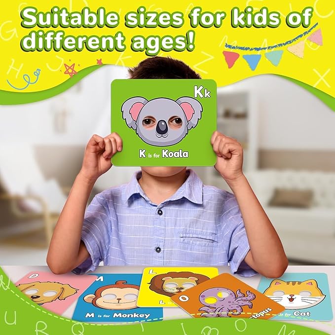 Alphabet ABC Flash Cards with Animal Masks, Animal mask Alphabet Cards, Interactive Education Games, Learn Letters, English Phrases(26 Pcs Colorful)-CubbioJoy