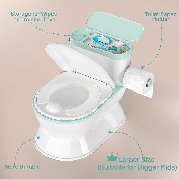 2-in-1 Toddler Potty Training Toilet - Larger Potty Chair & Detachable Training Seat for Boys & Girls Ages 1-3 with Flushing Sound, Wipes Storage, Toilet Paper Holder - Cyan-CubbioJoy