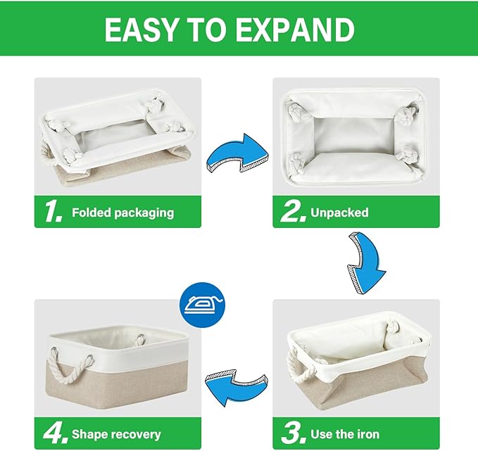Bidtakay Small Baskets Fabric Storage Baskets for Organizing 3-Pack 12x8x5 Inch Collapsible Storage Bins for Shelves Canvas Bins for Closet Organization Baskets Storage Linen Closet S-White&Beige-CubbioJoy