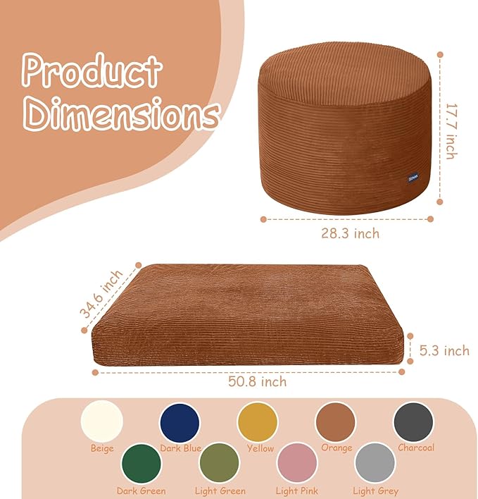 COMAX Kids Bean Bag Chair Turn into Beanbag Bed, Toddler Bean Chair Corduroy for Girl Boy Sleeping, Lazy Children Bean Bags with Filler, Convertible Child Floor Mattress, Orange-CubbioJoy