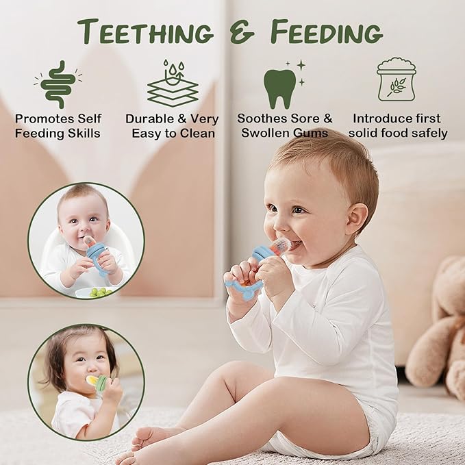 Baby Breastmilk Popsicle Molds & Baby Fruit Feeder (6 Pack), WAJIAYON Baby Food Freezer Tray Storage Containers, Silicone Teething Pacifier Feeder and Teether for Babies,Moss and Fawn Baby Feeder-CubbioJoy
