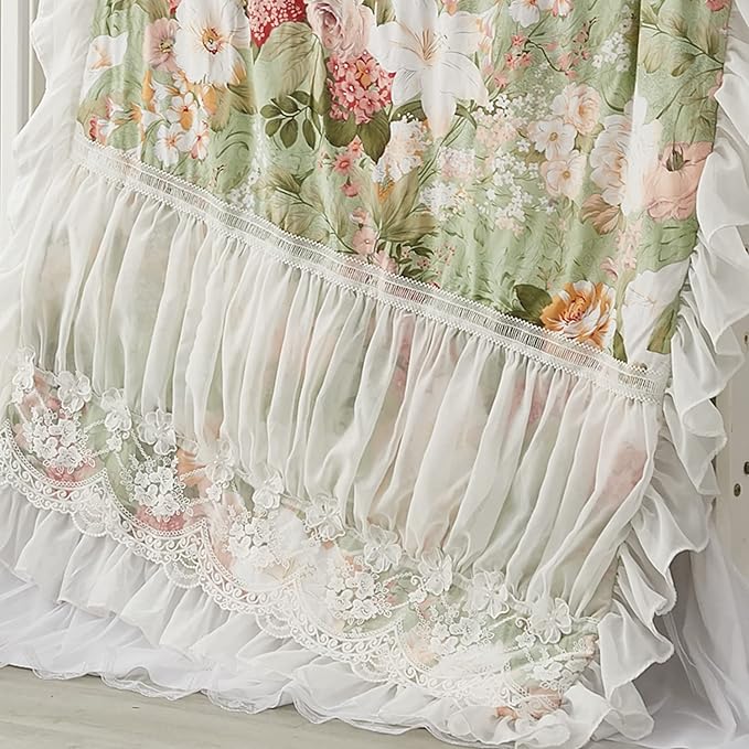 Brandream Crib Bedding Sets for Girls Garden Floral Nursery Set 3-Piece | Ruffled Baby Comforter, Crib Sheet and Tulle Lace Crib Bed Skirt, Green White-CubbioJoy