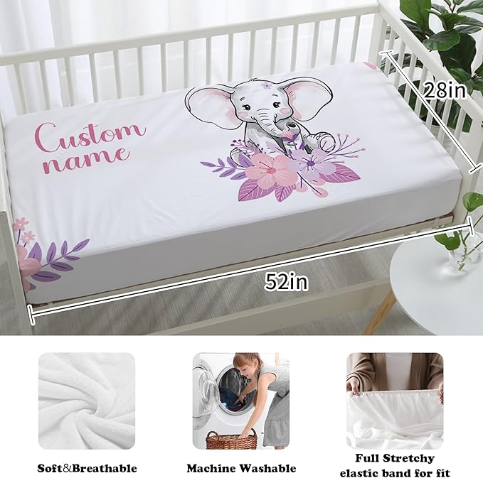 Custom Nursery Crib Bedding Set: Personalized Name 4 Piece Purple Flower Elephant Design Baby Crib Sets for Girls - Toddler Double Layer Blanket Set, Comfortable Crib Bed Sheets for Baby Toddlers-CubbioJoy