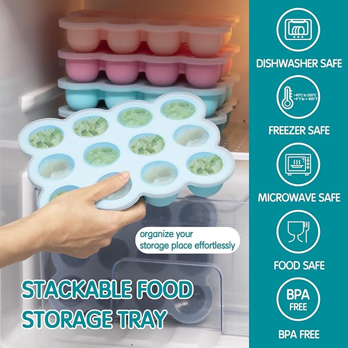 Baby Food Storage 12 x 1.5OZ Silicone Freezer Tray with Lid, Food Grade Silicone Containers for Purees & Vegetables Teal Blue-CubbioJoy