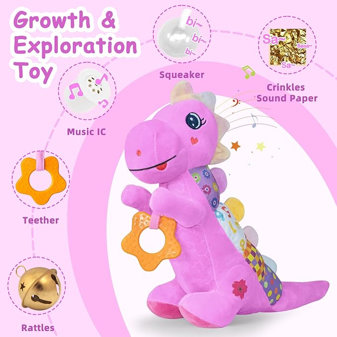 Baby Dino Plush Soft Stuffed Animal Toy for 0-3-6-12+ Months,Infant Musical Toy with Rattle,Squeaker,Sensory Crinkle,Teether & Textures,Toys for Christmas Baby Gift for Newborn Girl Boy (Purple)-CubbioJoy