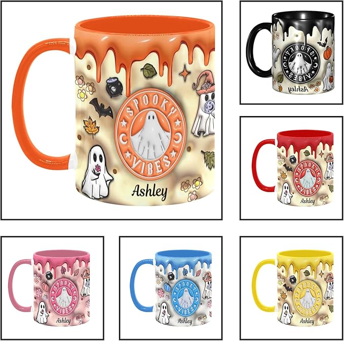 Custom Halloween Coffee Mug with Names, Pumpkin Coffee Cup, Personalized Ghost Ceramic Coffee Mug, Spooky Vibes Trick Or Treat Halloween Accent Mug, Spooky Season Gift for Women Men 11 Oz-CubbioJoy