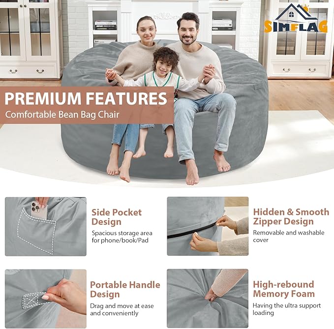 5FT Bean Bag Chair, Large Bean Bag Chairs with Memory Foam Filled, Fluffy Beanbag Sofa with Dutch Velvet Cover, Round BeanBag Chairs for Living Room, Playroom - Light Grey-CubbioJoy