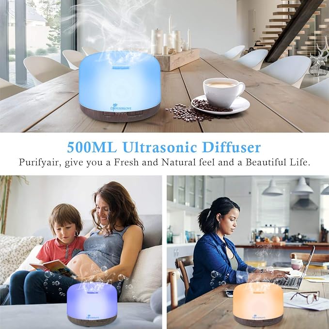 Diffuserlove Essential Oil Diffuser 500ML Aromatherapy Diffuser Mist Humidifiers 7 Color LED Lights Diffusers for Home Office Bedroom (Size:6.7" L x 6.7" W x 4.7" H)-CubbioJoy