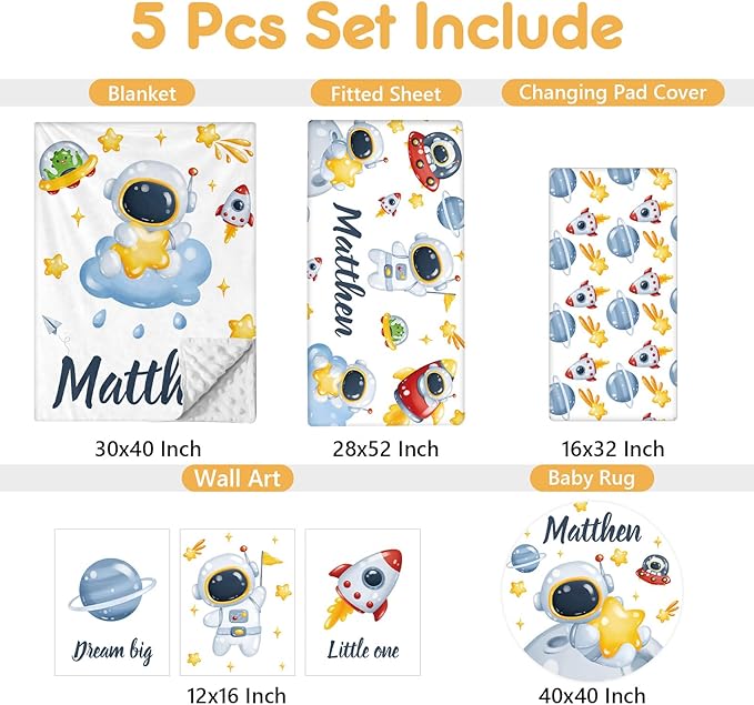 Customized Baby Bedding Set, 5 Pcs Custom Nursery Bedding Set with Baby Name, Double Layer Crib Set for Girls Boys, Personalized Gifts for Toddlers Infants New Parents, Space Astronaut-CubbioJoy