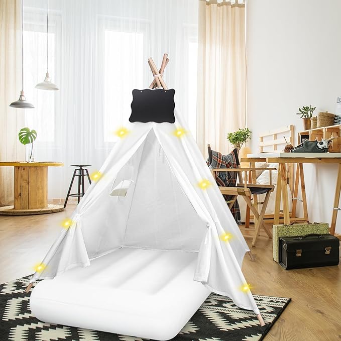 6 Pcs Kids Teepee Tent Bulk with Light String Inflatable Airbed Bedding Fitted Sheet and Markeable Small Blackboards for Boys Girls Indoor Outdoor Slumber Party (White)-CubbioJoy