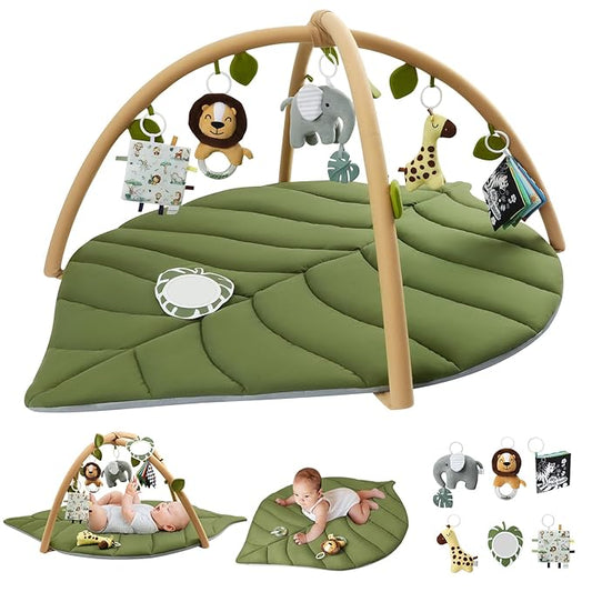 Blissful Diary Baby Play Gym & Activity Mat, Oversize Leaf Shaped Baby Play Mat w 6 Detachable Toys, Tummy Time Mat Promote Motor Skills & Sensory Development Mat, Newborn Infant Baby Essentials Gift-CubbioJoy