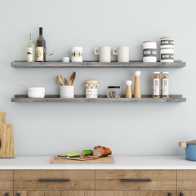 48 Inch Long Floating Shelves for Wall, Solid Pine Wood Picture Ledge Shelves with Lips, Nursery Book Shelves for Toys Storage Living Room Bedroom Photo Frames (2 Pcs, Grey)-CubbioJoy