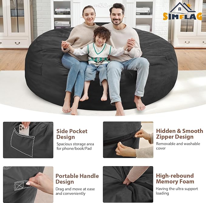 7FT Bean Bag Chair, Large Bean Bag Chairs with Memory Foam Filled, Fluffy Beanbag Sofa with Dutch Velvet Cover, Round BeanBag Chairs for Living Room, Playroom - Grey-CubbioJoy