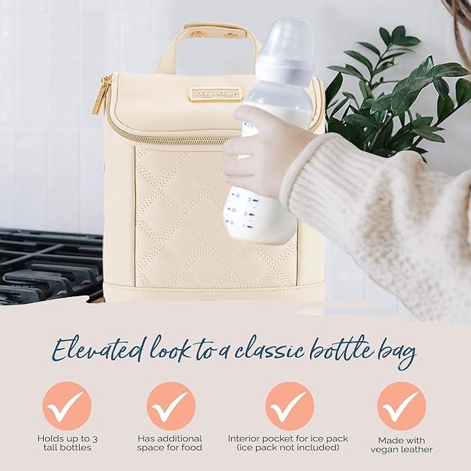 Itzy Ritzy Insulated Bottle Bag – Keeps Bottles Warm or Cool - Holds 3 Bottles & Features Interior Pocket for Ice Pack (Not Included), Milk & Honey-CubbioJoy