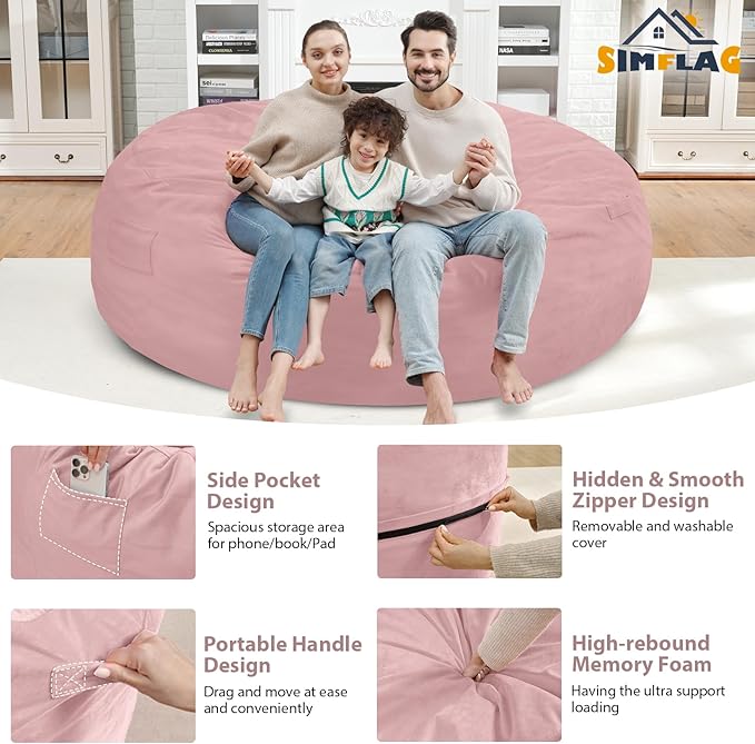 7FT Bean Bag Chair, Large Bean Bag Chairs with Memory Foam Filled, Fluffy Beanbag Sofa with Dutch Velvet Cover, Round BeanBag Chairs for Living Room, Playroom - Light Pink-CubbioJoy