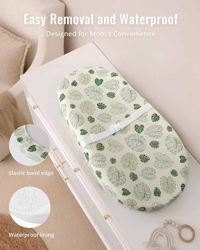 Blissful Diary Muslin Baby Changing Pad with Waterproof Lining Foam, Diaper Changing Table Pad with Cover for Dressers (Monstera, Avocado)-CubbioJoy
