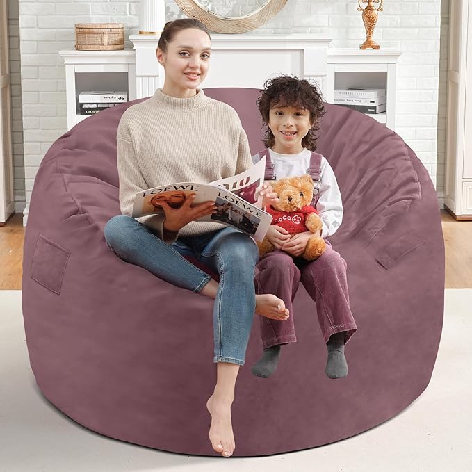 3FT Bean Bag Chair, Comfy Bean Bag Chairs with Memory Foam Filled, Fluffy Beanbag Sofa with Dutch Velvet Cover, Round BeanBag Chairs for Living Room, Playroom - Dusty Pink-CubbioJoy