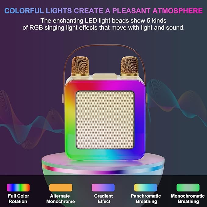 Karaoke Machine for Kids Adults, Portable Bluetooth Karaoke Speaker with 2 Wireless Microphones, Karaoke System with Mics Storage Hole and Lights, Birthday Gifts for Girls Boys Family Home Party-CubbioJoy