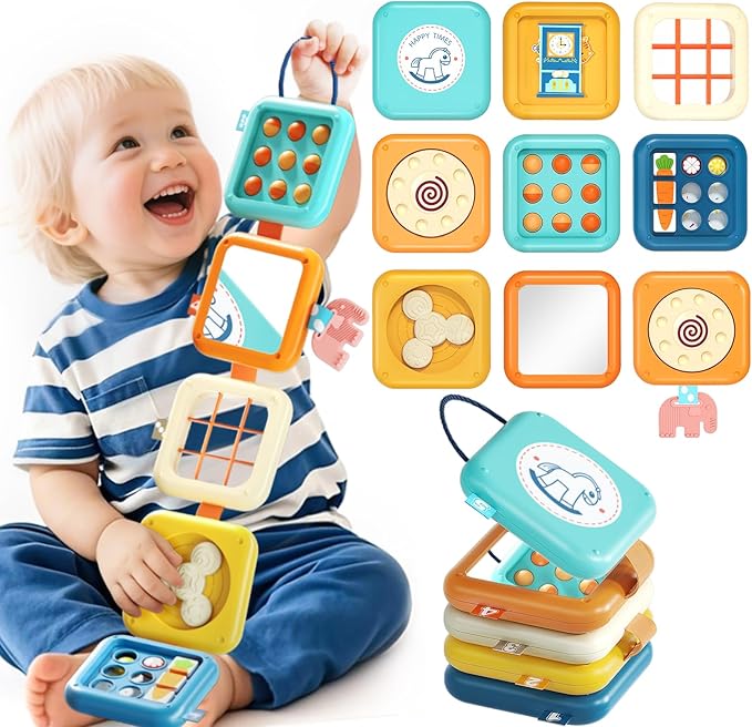 Busy Board for 1 Year Old, Travel Toys for Toddlers 1-3, 8 in 1 Montessori Activity Cube Toy for Babies in Airplane Car Stroller, Sensory Education Birthday Gifts for 1 2 Year Old Boy Girl Infant-CubbioJoy