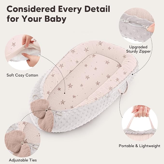 Baby Lounger - Infant Lounger Pillow for Newborn 0-24 Months, Soft, Breathable & Portable Baby Lounger Pillow for Boys & Girls, Cozy Baby Floor Seat for Home & Travel (Pink Star)-CubbioJoy