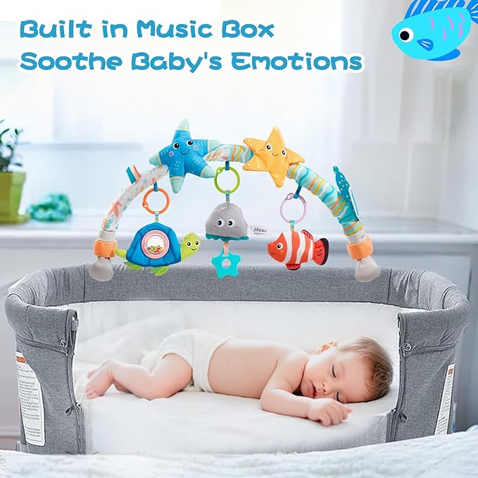 Jollybaby Musical Bassinet Stroller Crib Mobile Toy for Baby 0-6-12 Months, Infant Clip On Arch Hanging Toy with Music, Montessori Sensory Nursery Mobiles Attachment Toy for Newborn Gift - Starfish-CubbioJoy