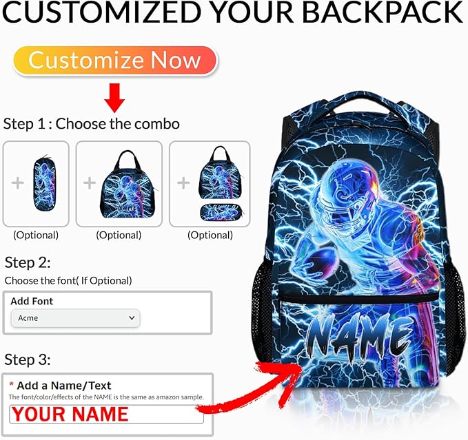 Boys School Backpack, Personalized Football Backpacks for Kids Kindergarten Senior Middle, 17 Inch Lightweight Lightning Bookbag with Custom Name, Cool Back to School Gift-CubbioJoy