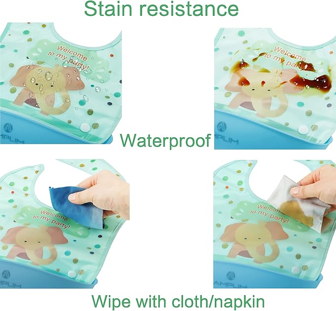 Amplim Baby Feeding Bib (3-Pack) Toddler/Baby Bibs for Eating. Waterproof, Adjustable, Lightweight. Eco-friendly PEVA material. BPA, Lead, Phthalate, Cadmium free-CubbioJoy