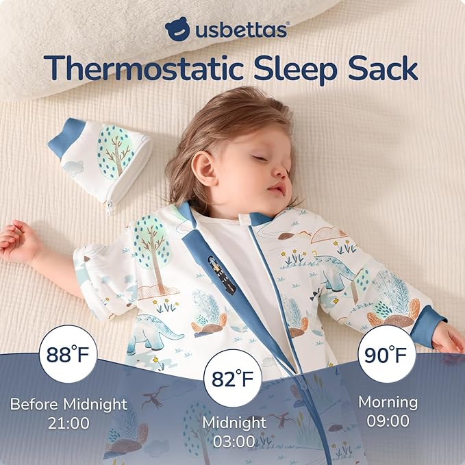 Baby Sleep Sack 18-24 Months, Cotton Detachable Long Sleeve Sleep Sack, 2.5 Tog Toddler Sleeping Sack with Temperature Strips, 2-Way Zipper Wearable Blankets for Newborns, Dinosaur-CubbioJoy
