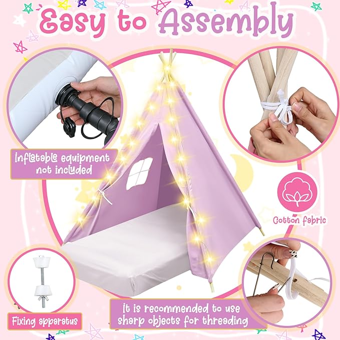 6 Pack Sleepovers Teepee Tent for Kids Bulk with Mattress Sheet Light,Natural Cotton Washable Indoor Play Tent for Birthday Slumber Party Girls Boys Pajama Movie Night Supplies(Pink, Purple, White)-CubbioJoy