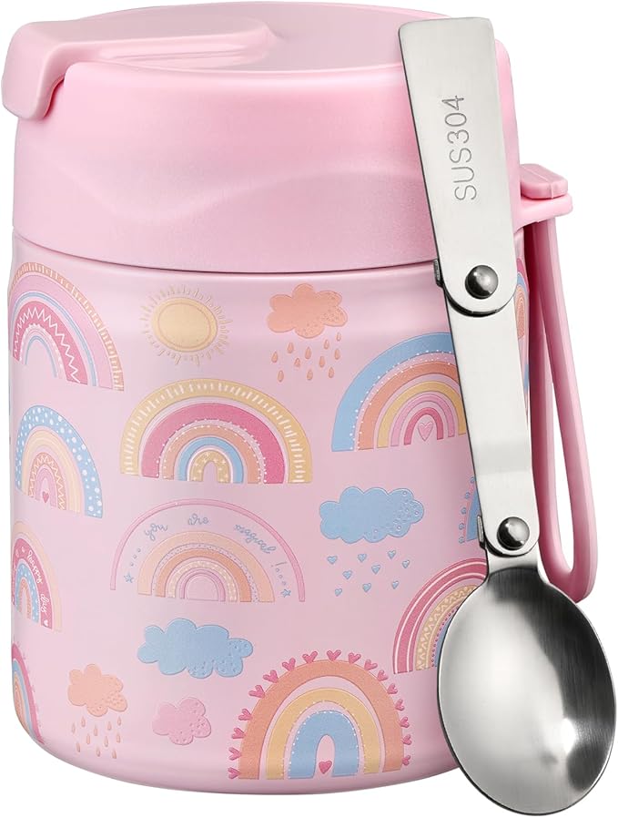 17oz Soup Thermo for Hot Food Kids Insulated Vacuum Food Jar with Stainless Steel Spoon Wide Mouth Thermo Leakproof Lunch Food Container Kids Hot Lunch Box (Pink-Rainbow)-CubbioJoy