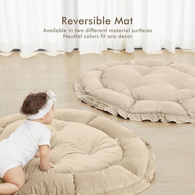 ANGELBLISS 5 in 1 Baby Play Gym Mat, Reversible Tummy Time Mat with 5 Sensory Toys for Stage-Based Developmental, Thick & Large Baby Activity Center from Newborn to Toddler (Khaki)-CubbioJoy